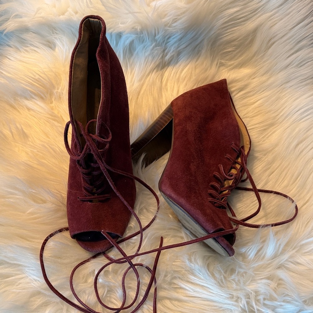 Splendid Burgundy Suede Lace-Up Peep-Toe Ankle Boot
